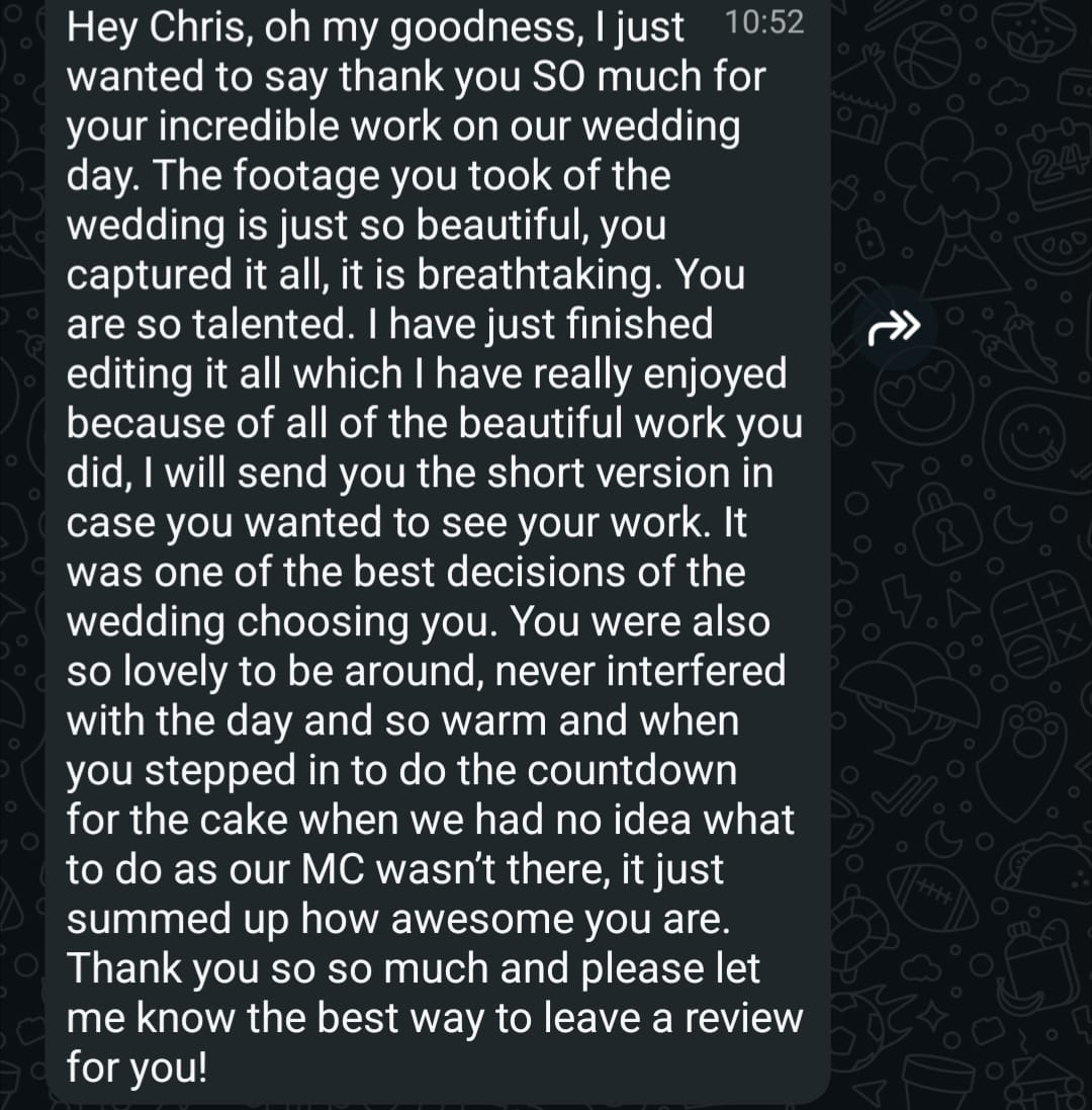 WhatsApp message from a couple who booked raw footage wedding coverage