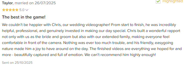 Positive review from wedding couple