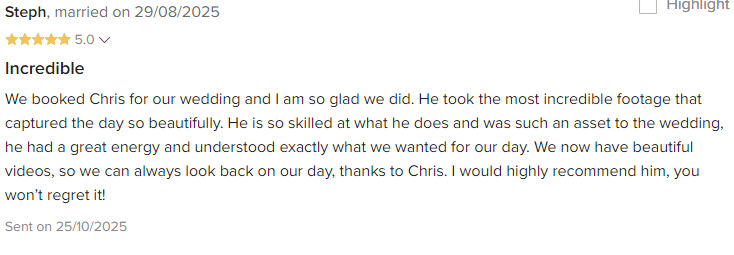Positive review from wedding couple