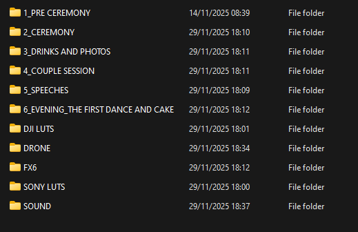 Organized wedding footage file structure